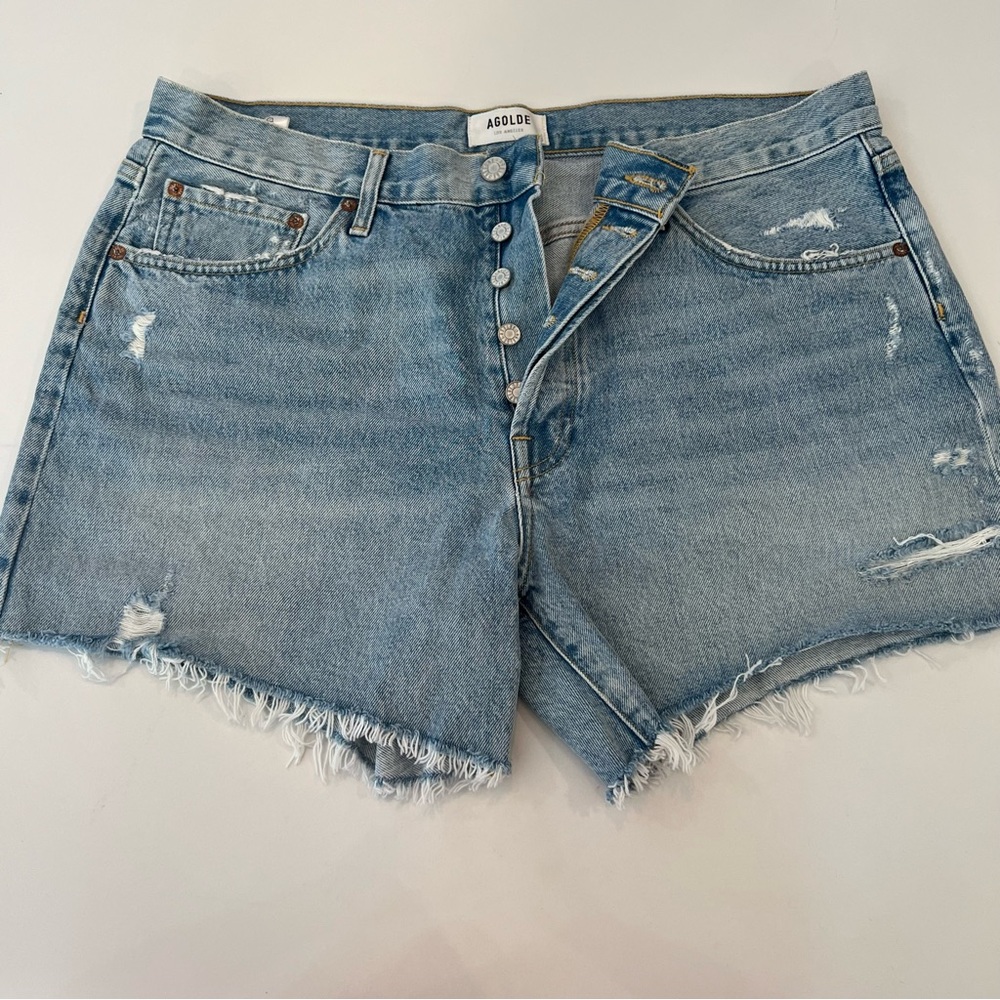 AGOLDE Parker Long Vintage Loose Fit Button Fly Cutoff Raw Hem Shorts 32